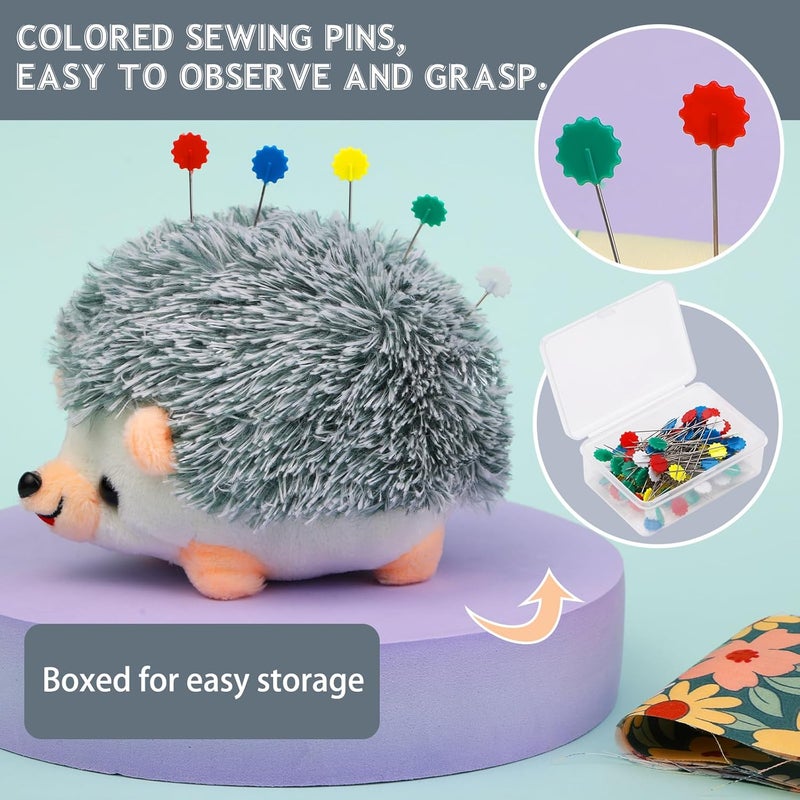 FTEVEN 100 Pieces Flat Head Straight Pins Hedgehog Pincushion Kit, Big Pincushion with Clear Storage Box and Quilting Pins, Colorful Head Straight Sewing Pins for Handicrafts DIY Sewing - Image 3